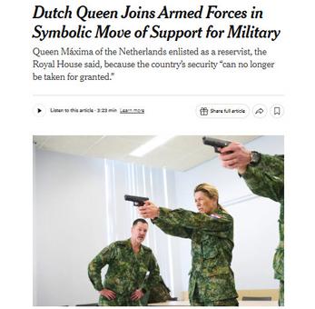 外媒：54岁荷兰王后以预备役军人身份参军